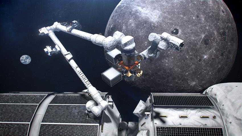 Vue d'artiste du grand bras du Canadarm3 à la station spatiale lunaire Gateway. (Sources : ASC, NASA.)